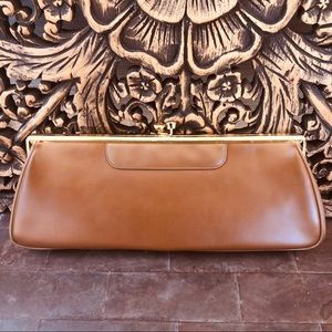 Vintage Kiss Lock Long Light Brown Clutch Purse